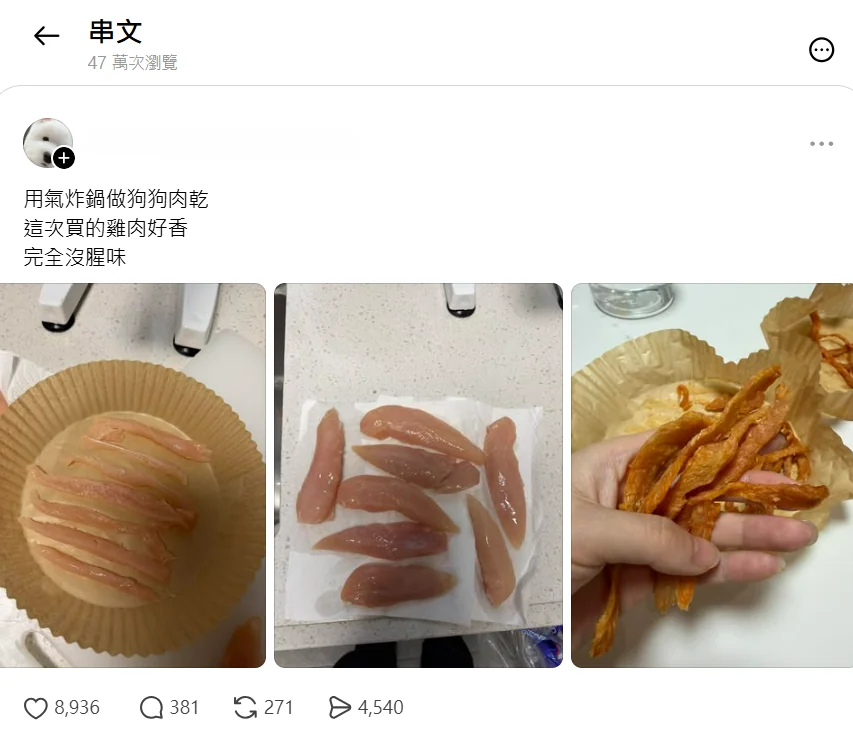 用氣炸鍋自製狗狗雞肉乾的 Threads 貼文截圖
